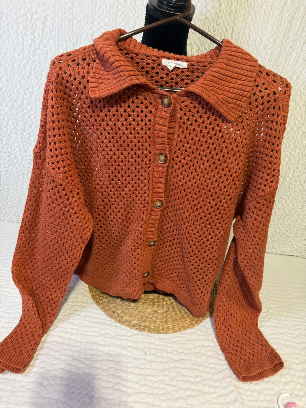 Maurices Open-Knit Button-Front Cardigan in Rust